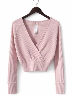 Spiritual Gangster Pink Ribbed Wrap Sweater XS Cropped V Neck Boho Athleisure